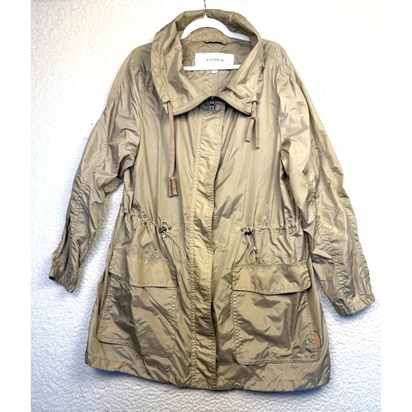 Coach Jackets & Blazers - Coach Rain Coat Womens Large‎ Beige Mid Length Zip Jacket Drawstring Pockets
